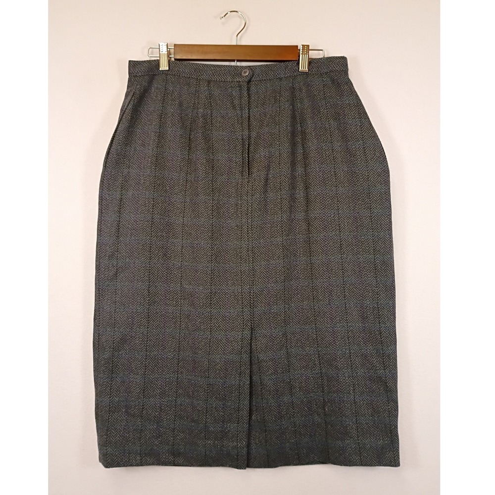 Dark Academia Gilmor Women 16 Grey Herringbone Wool Blend Midi Pencil Skirt